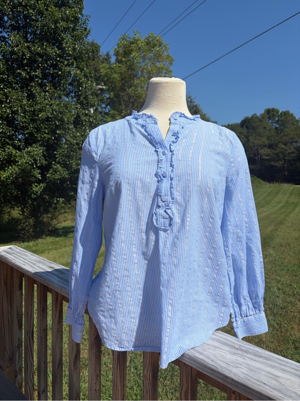 Talbots Top Shirt Blouse Women Blue Silver Metallic Striped Ruffle SZ MP Petite